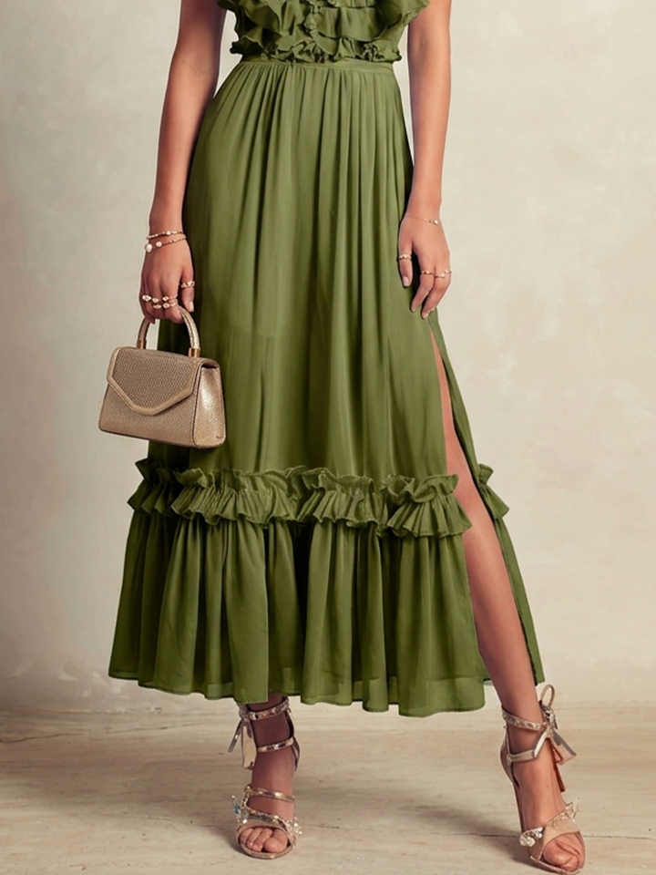 Women's Romantic Olive Green Chiffon Ruffled Short-Sleeved Fitted Waist Slit Long Dress MDZ1731D0GMJ