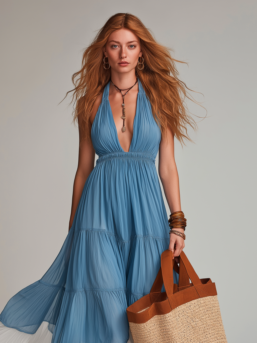 Women's Casual Light Blue Chiffon Sleeveless V-Neck Maxi Dress MDZ1741D5LXY