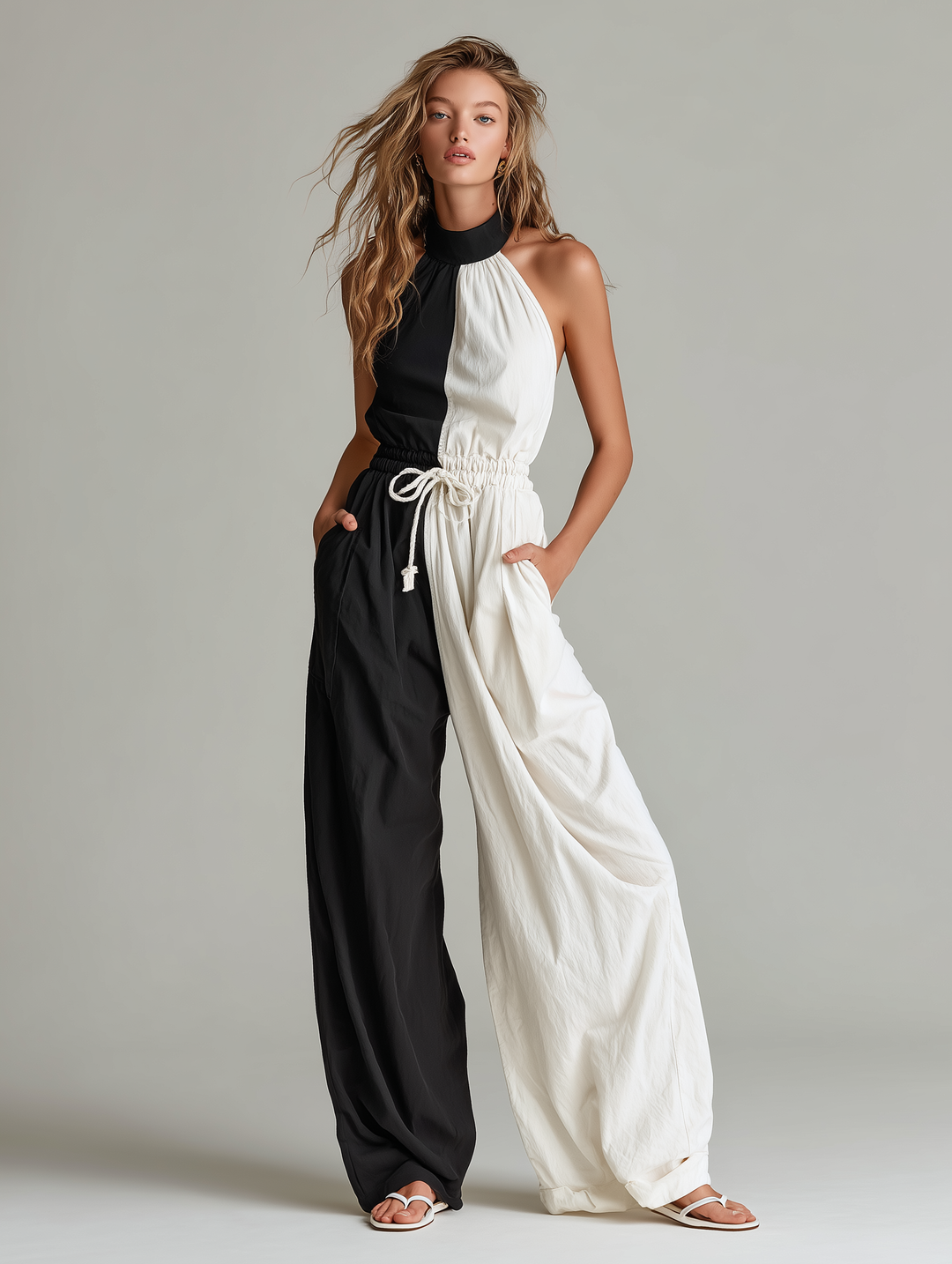 Women's Casual Black & White Woven Jumpsuit — Crew Neck, Sleeveless, Full-Length MDZ1713D9LXY