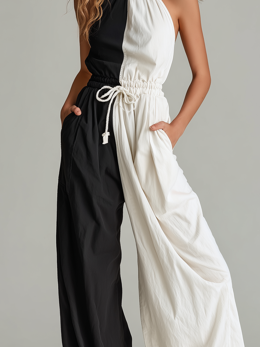 Women's Casual Black & White Woven Jumpsuit — Crew Neck, Sleeveless, Full-Length MDZ1713D9LXY