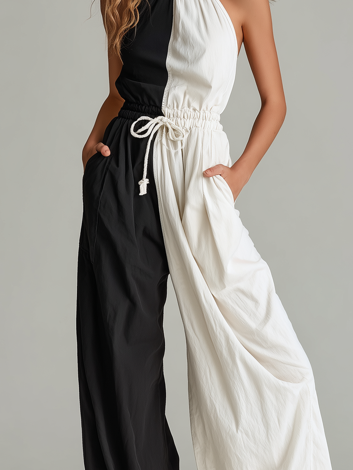 Women's Casual Black & White Woven Jumpsuit — Crew Neck, Sleeveless, Full-Length MDZ1713D9LXY