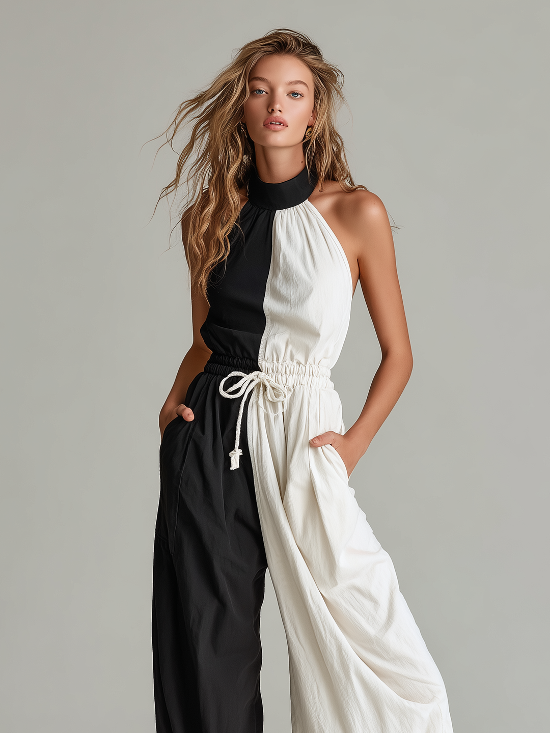 Women's Casual Black & White Woven Jumpsuit — Crew Neck, Sleeveless, Full-Length MDZ1713D9LXY