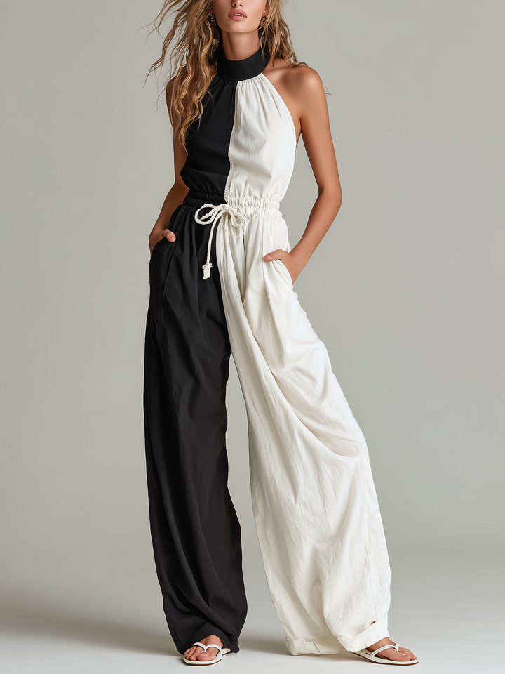 Women's Casual Black & White Woven Jumpsuit — Crew Neck, Sleeveless, Full-Length MDZ1713D9LXY