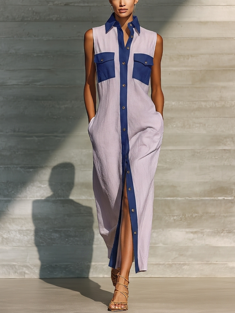 Women’s Lavender & Navy Contrast Trim Sleeveless Button-Down Shirt Maxi Dress With Pockets MDZ1763D5T