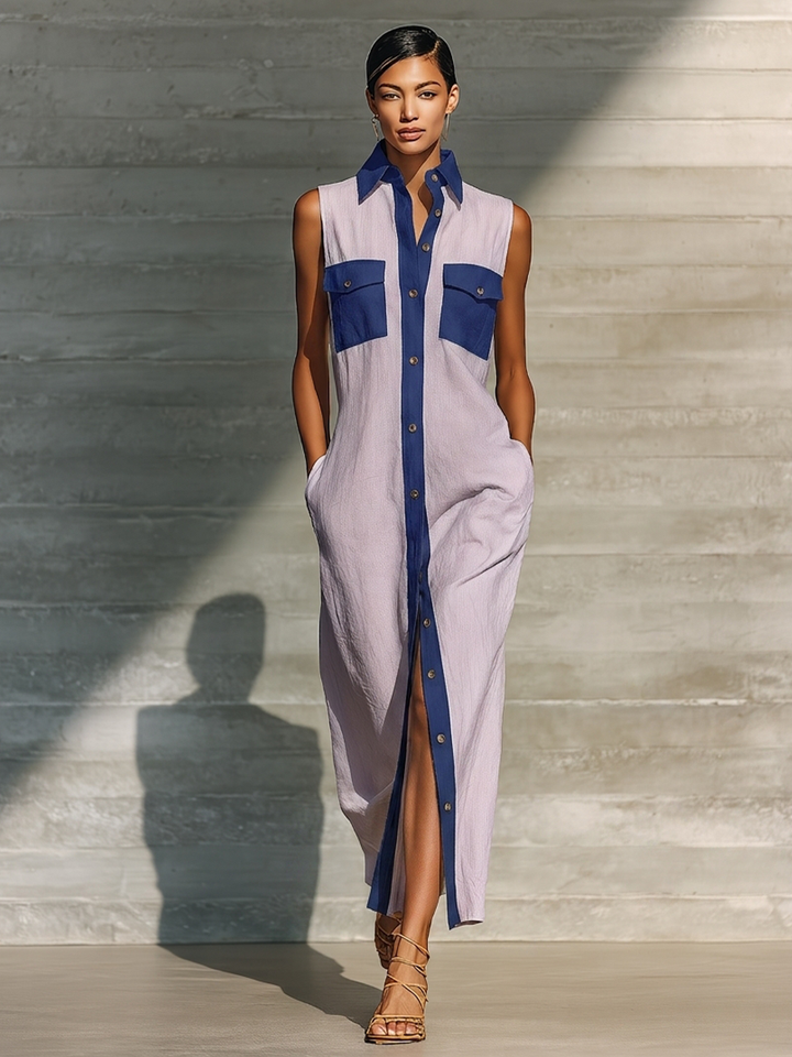 Women’s Lavender & Navy Contrast Trim Sleeveless Button-Down Shirt Maxi Dress With Pockets MDZ1763D5T