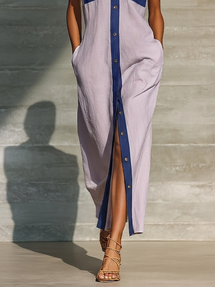 Women’s Lavender & Navy Contrast Trim Sleeveless Button-Down Shirt Maxi Dress With Pockets MDZ1763D5T