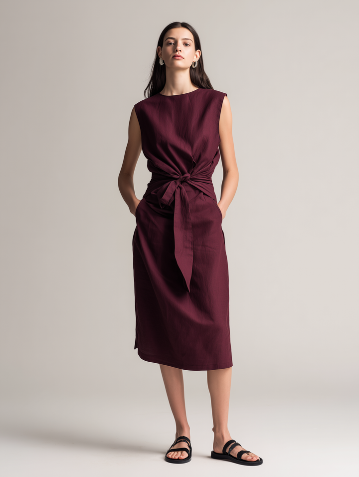Women's Casual Dark Red Cotton-Linen Sleeveless Midi Dress With Round Neck MDZ1729D7LXY