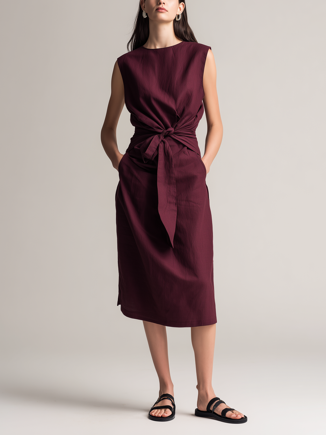 Women's Casual Dark Red Cotton-Linen Sleeveless Midi Dress With Round Neck MDZ1729D7LXY