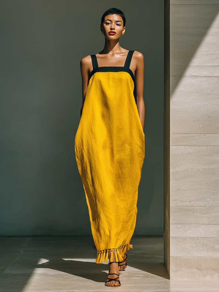 Women’s Yellow Linen-Blend Contrast Strap Tassel Hem Maxi Dress With Pockets MDZ1741D2T