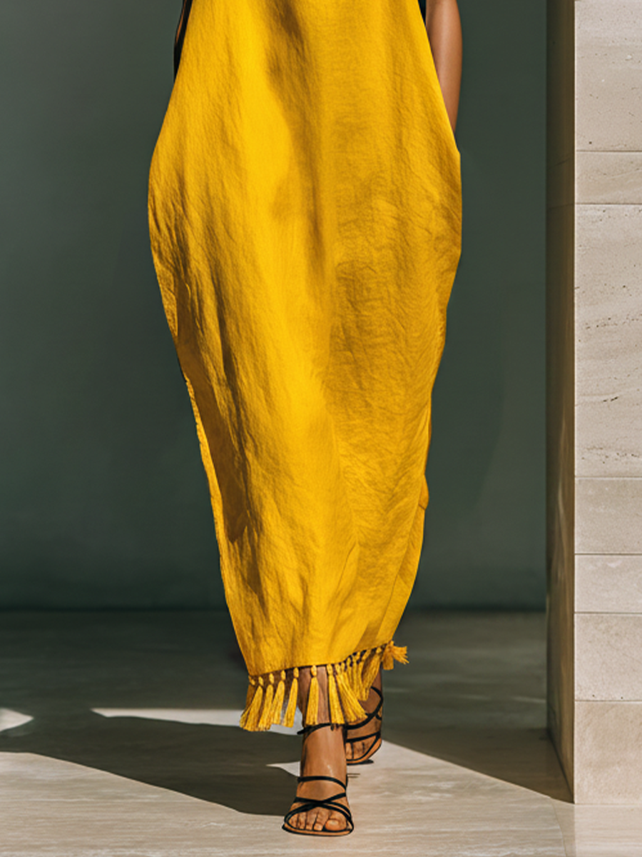 Women’s Yellow Linen-Blend Contrast Strap Tassel Hem Maxi Dress With Pockets MDZ1741D2T
