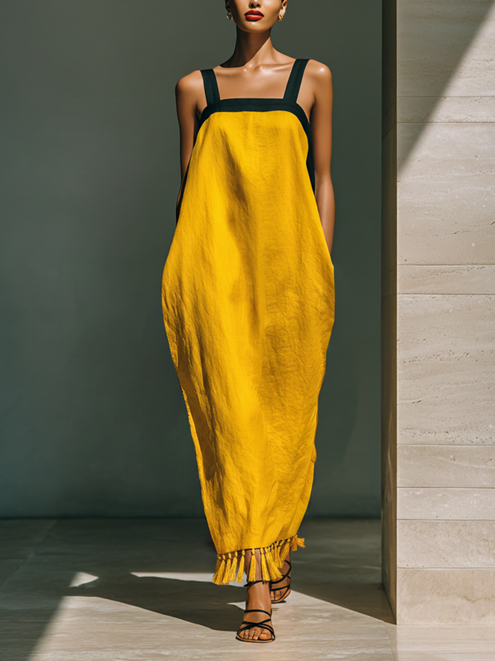 Women’s Yellow Linen-Blend Contrast Strap Tassel Hem Maxi Dress With Pockets MDZ1741D2T