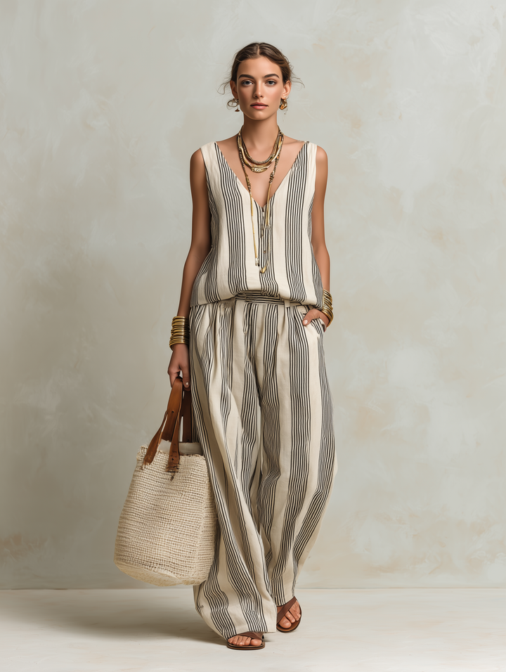 Women's Casual Black And White Striped Woven V-Neck Sleeveless Top With Trousers MDZ1701D4LXY