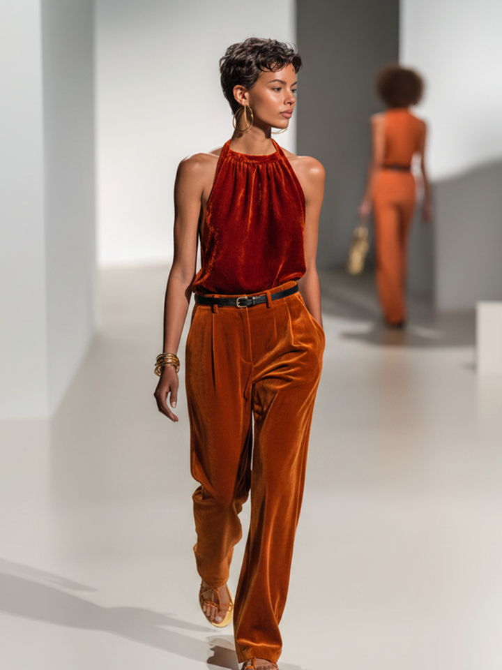 Women’s Fashionable Red Velvet Halter Neck Sleeveless Top And Orange Velvet Slim Waist Wide-Leg Pants Set（Waist Belt Not Included） MDZ1780D8GMJ