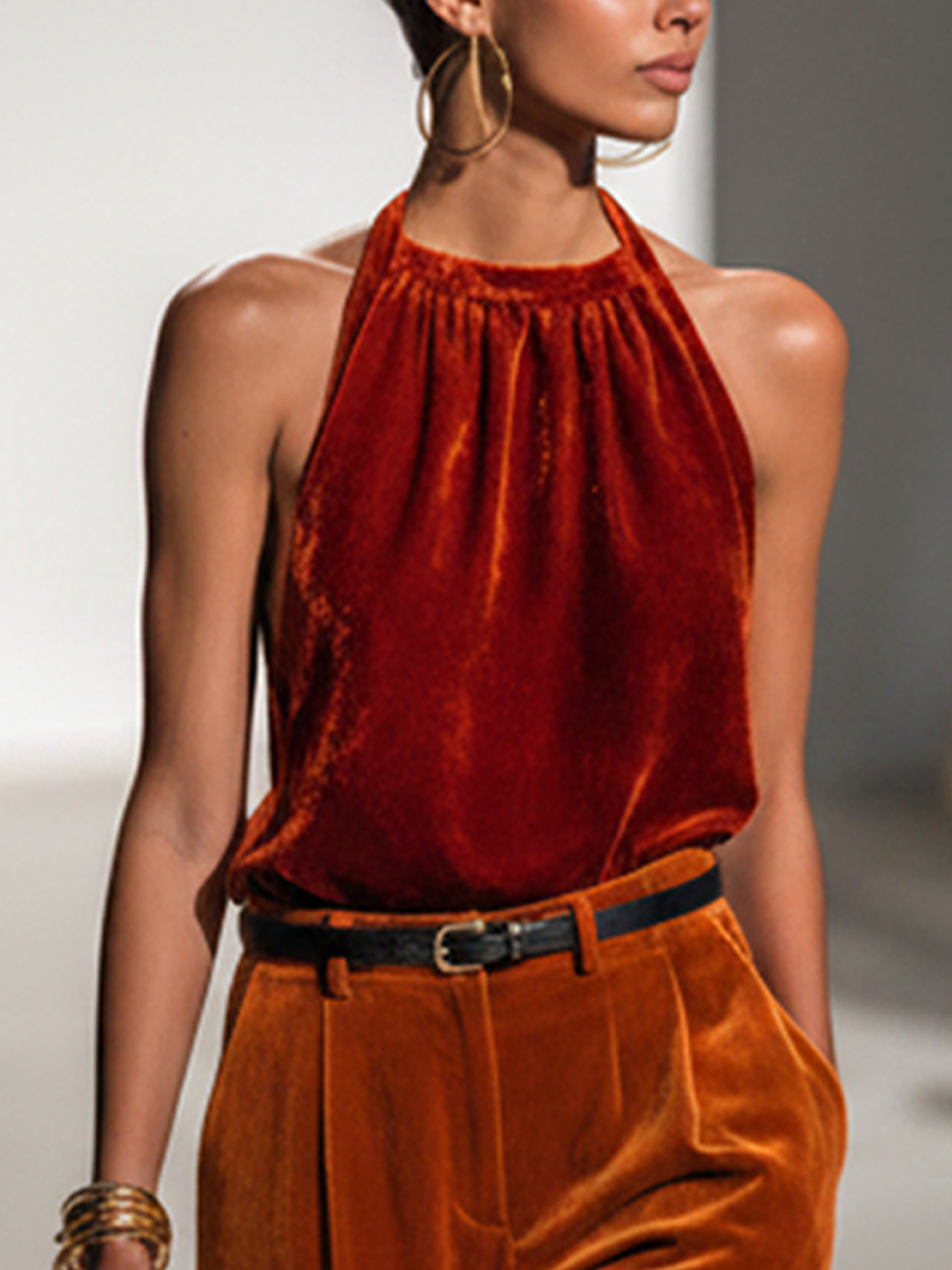 Women’s Fashionable Red Velvet Halter Neck Sleeveless Top And Orange Velvet Slim Waist Wide-Leg Pants Set（Waist Belt Not Included） MDZ1780D8GMJ