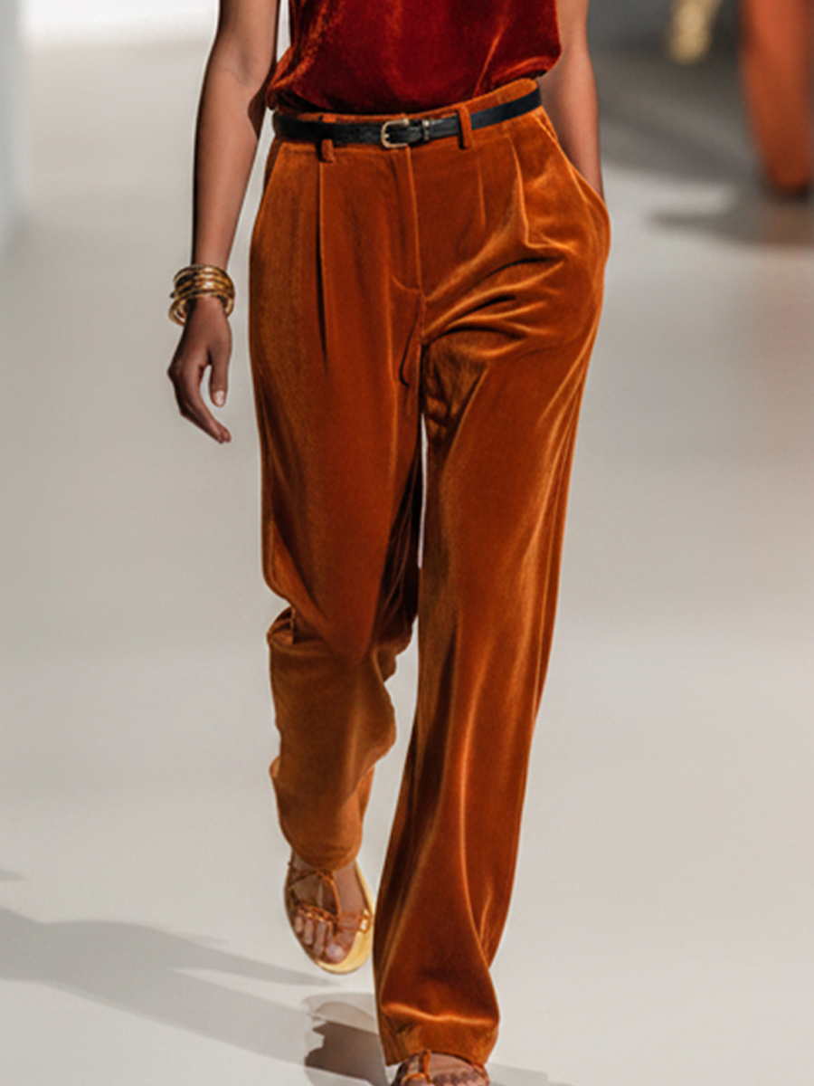 Women’s Fashionable Red Velvet Halter Neck Sleeveless Top And Orange Velvet Slim Waist Wide-Leg Pants Set（Waist Belt Not Included） MDZ1780D8GMJ