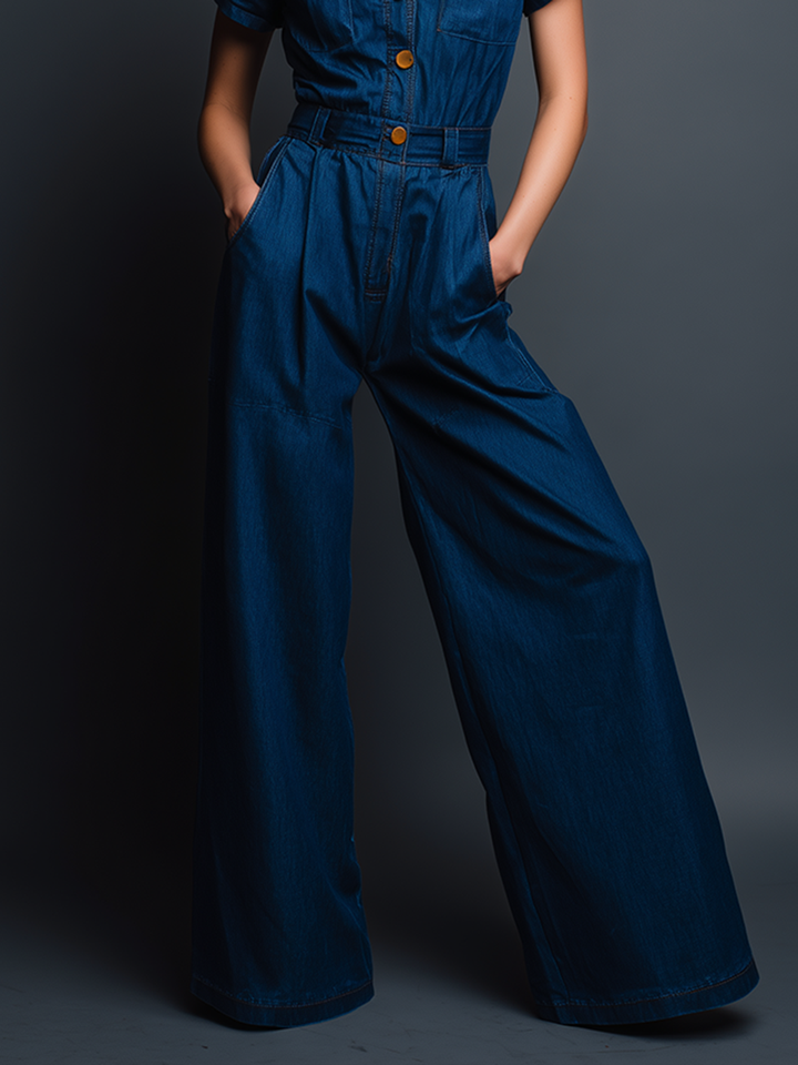 Women's Modern Minimalist Retro-Style Workwear: Blue Denim Short-Sleeve Jumpsuit MDZ2085D6ZJW