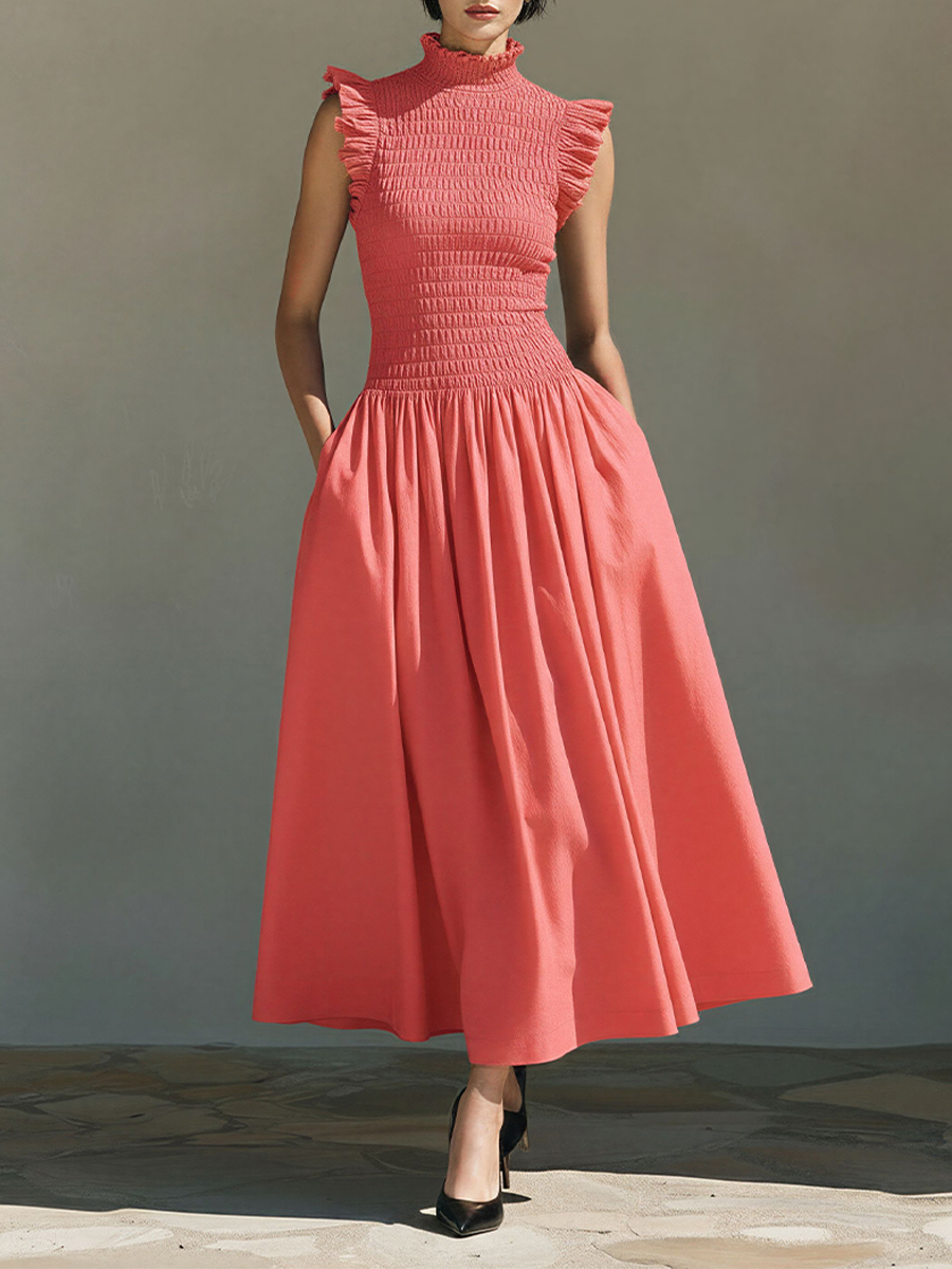 Women's Coral Cotton-Blend Smocked Midi Dress With Ruffle Trim & High Neck, Timeless Romantic-Chic Style Dress MDZ2050D9LYL
