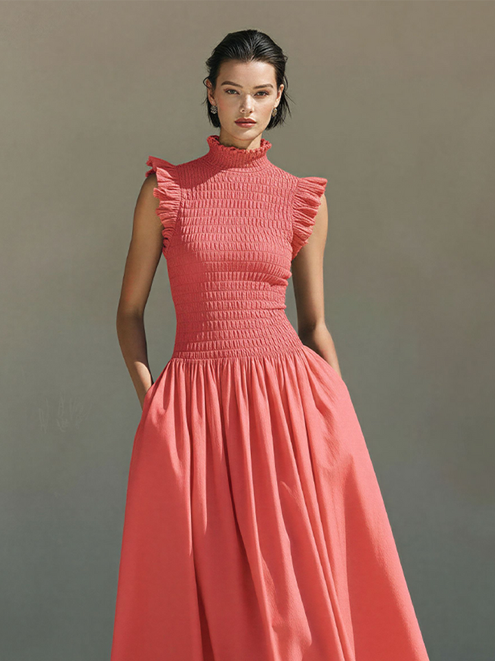 Women's Coral Cotton-Blend Smocked Midi Dress With Ruffle Trim & High Neck, Timeless Romantic-Chic Style Dress MDZ2050D9LYL