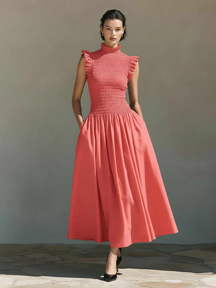 Women's Coral Cotton-Blend Smocked Midi Dress With Ruffle Trim & High Neck, Timeless Romantic-Chic Style Dress MDZ2050D9LYL