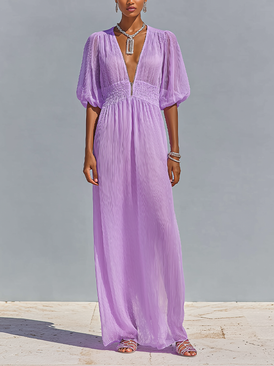 Women's Lavender Crinkled Chiffon Maxi Dress With Deep V-Neck & Smocked Waist, Timeless Romantic-Resort Style Dress MDZ2029D0LYL