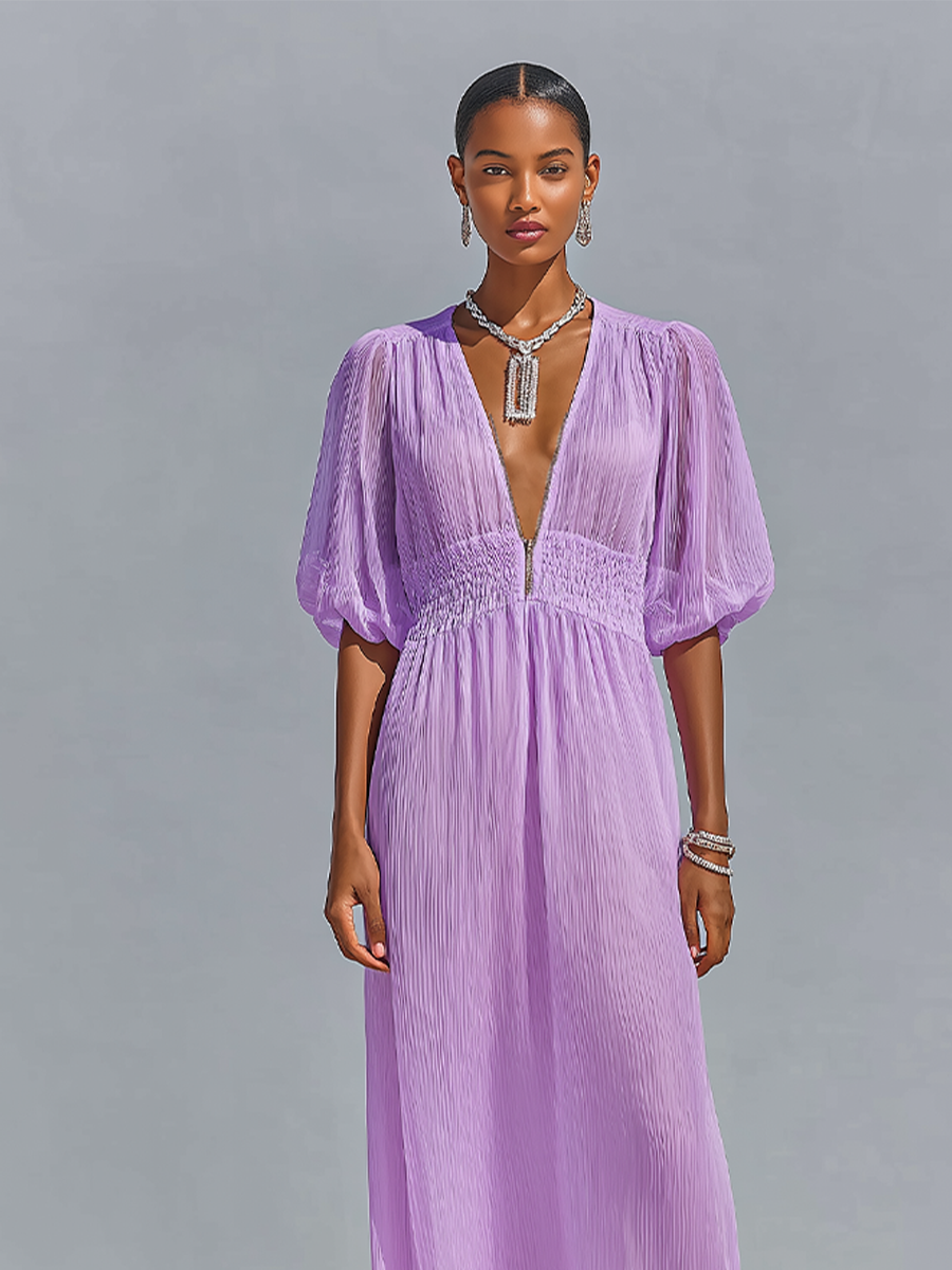 Women's Lavender Crinkled Chiffon Maxi Dress With Deep V-Neck & Smocked Waist, Timeless Romantic-Resort Style Dress MDZ2029D0LYL