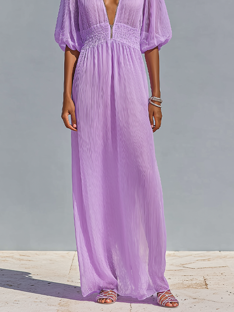 Women's Lavender Crinkled Chiffon Maxi Dress With Deep V-Neck & Smocked Waist, Timeless Romantic-Resort Style Dress MDZ2029D0LYL