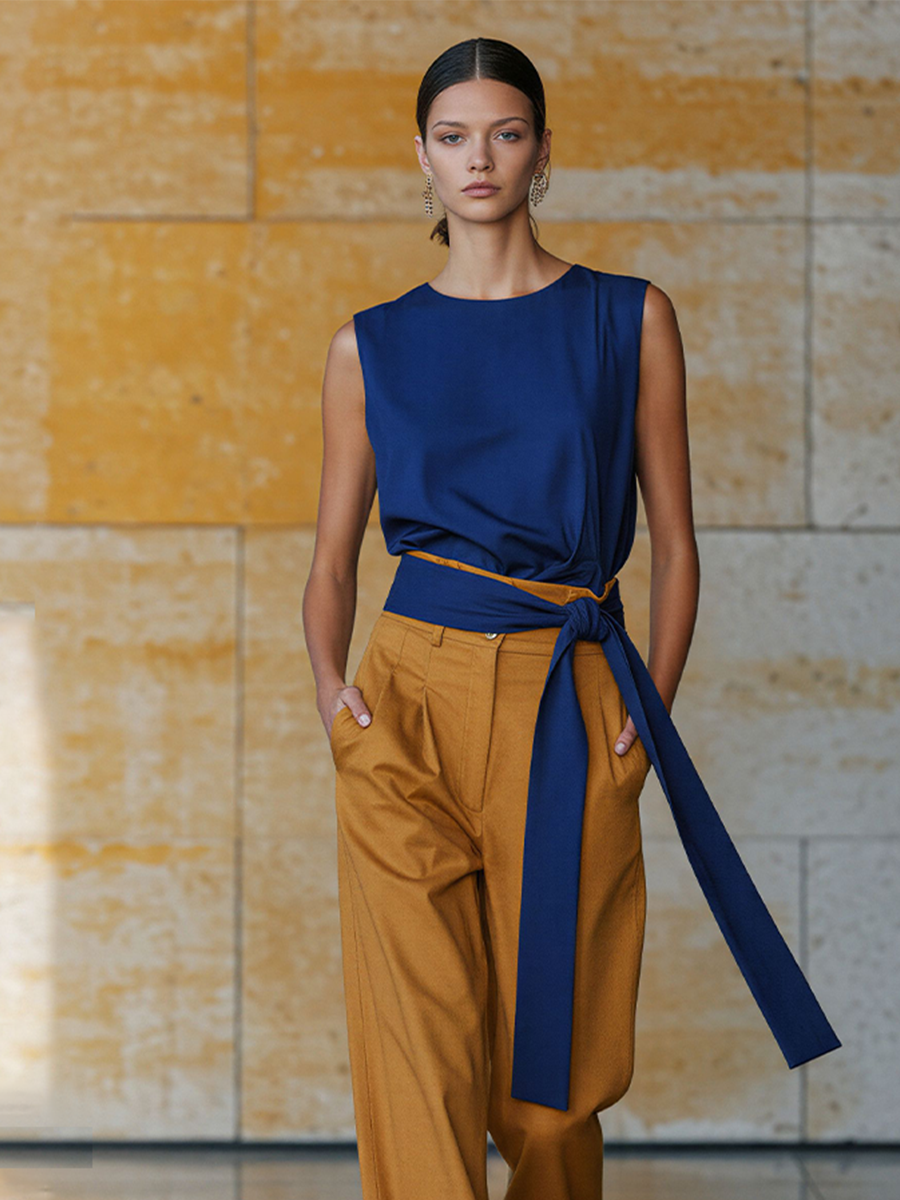 Women's Navy & Mustard Linen-Blend Two-Piece Set with Wrap Belt & High-Waisted Pants, Modern Office-Chic Outfit MDZ2048D6LYL