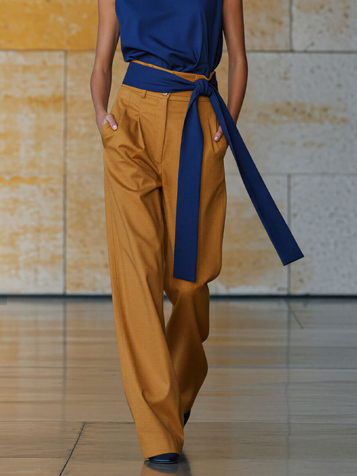 Women's Navy & Mustard Linen-Blend Two-Piece Set with Wrap Belt & High-Waisted Pants, Modern Office-Chic Outfit MDZ2048D6LYL