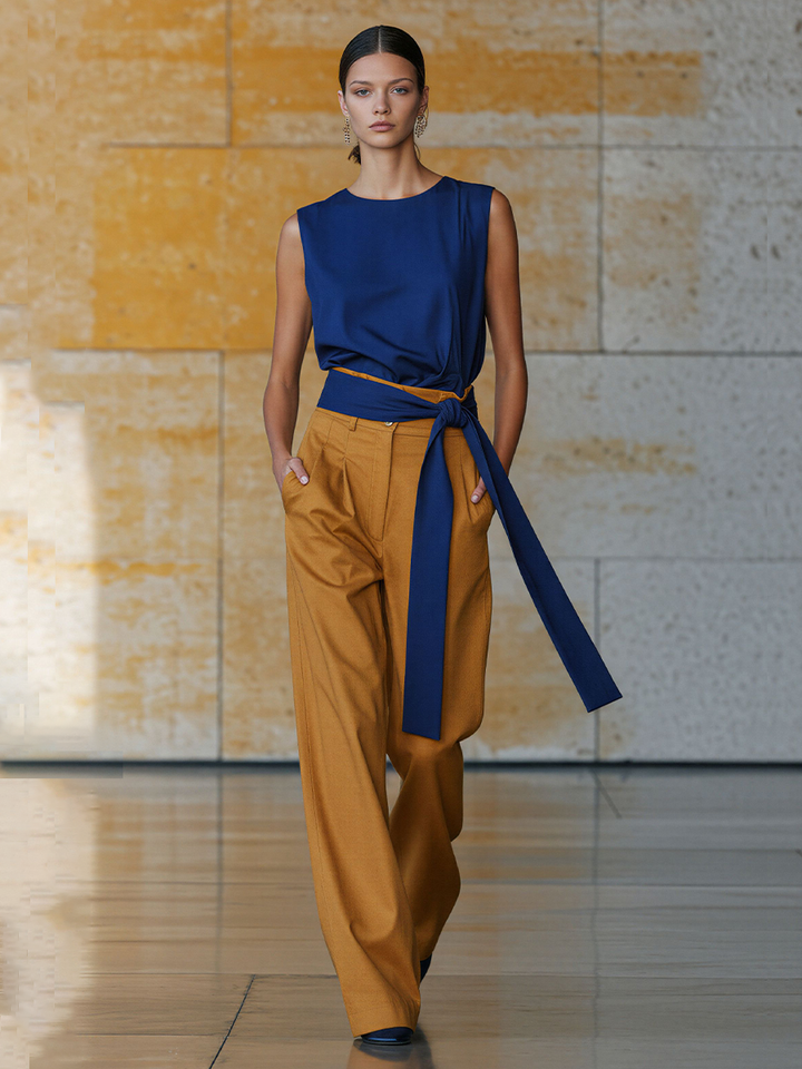 Women's Navy & Mustard Linen-Blend Two-Piece Set with Wrap Belt & High-Waisted Pants, Modern Office-Chic Outfit MDZ2048D6LYL
