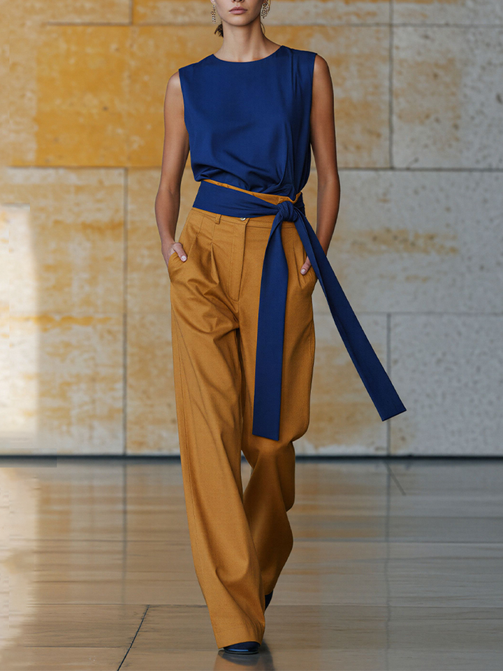 Women's Navy & Mustard Linen-Blend Two-Piece Set with Wrap Belt & High-Waisted Pants, Modern Office-Chic Outfit MDZ2048D6LYL