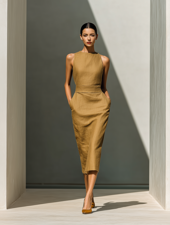 Women’s Camel Linen-Blend Sleeveless Round Neck Waisted Midi Dress With Pockets MDZ2043D5T