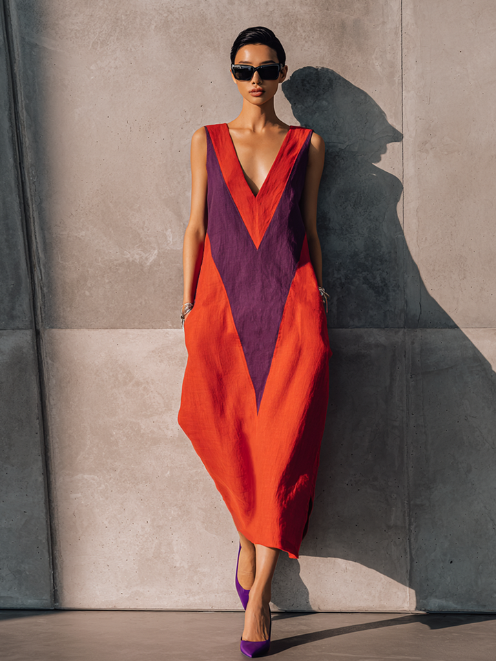 Women's Fashionable Orange And Purple Color-blocked Cotton Linen V-neck Sleeveless Long Dress MDZ2032D4GMJ