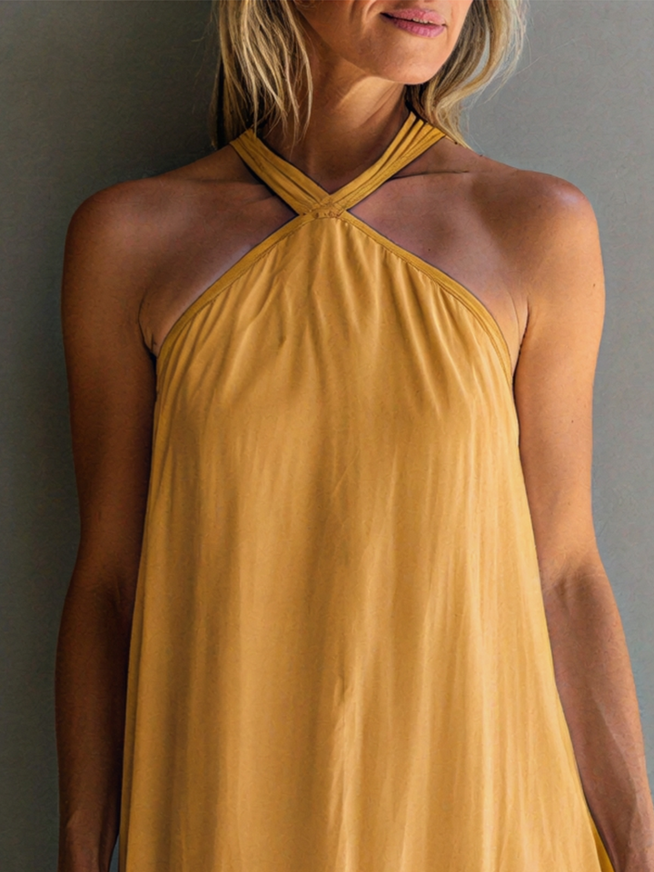 Women’s Mustard Yellow Chiffon Halter Neck Flowy High-Low Maxi Dress MDZ2039D4T
