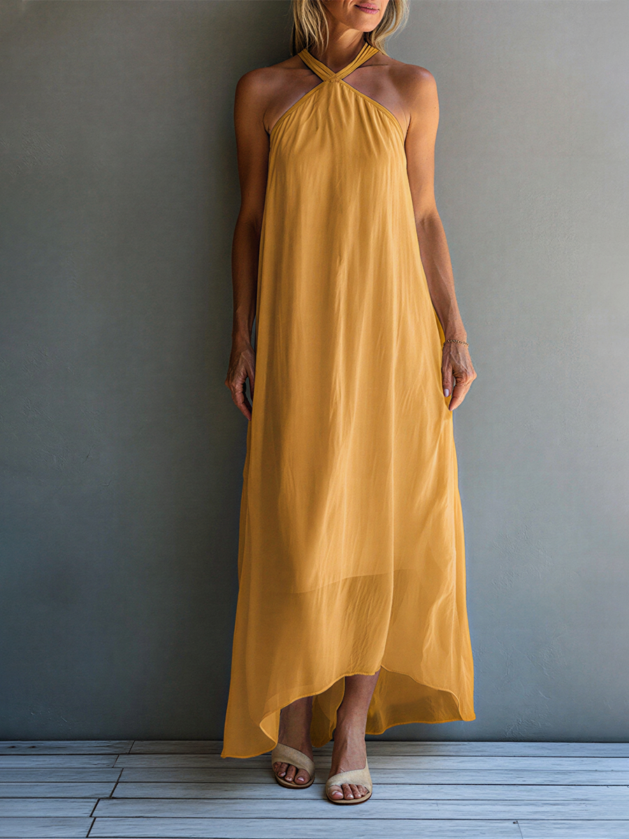 Women’s Mustard Yellow Chiffon Halter Neck Flowy High-Low Maxi Dress MDZ2039D4T
