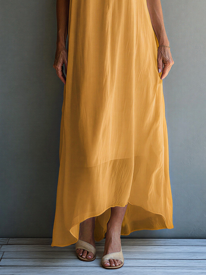 Women’s Mustard Yellow Chiffon Halter Neck Flowy High-Low Maxi Dress MDZ2039D4T
