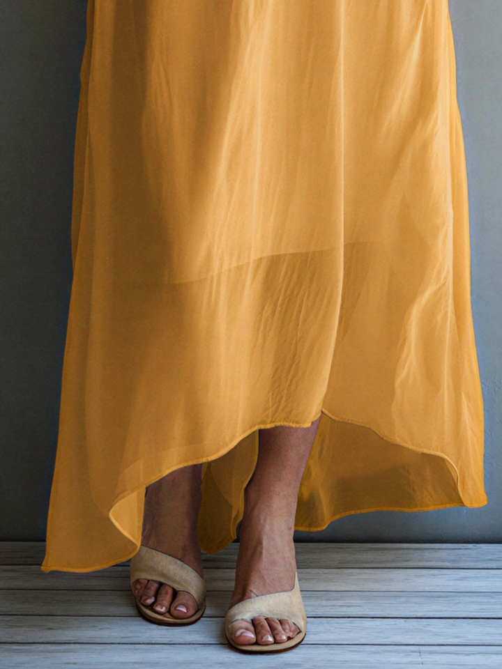Women’s Mustard Yellow Chiffon Halter Neck Flowy High-Low Maxi Dress MDZ2039D4T