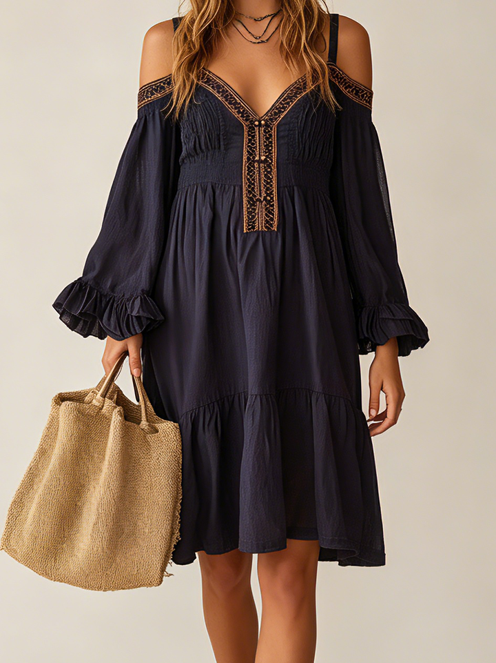 Women's Casual Navy Blue Cotton-Linen Dress — Embroidered, Spaghetti-Strap, Cold-Shoulder, Long-Sleeve Mini Dress MDZ2000D4LXY