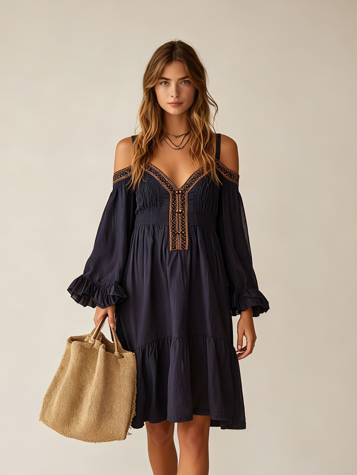 Women's Casual Navy Blue Cotton-Linen Dress — Embroidered, Spaghetti-Strap, Cold-Shoulder, Long-Sleeve Mini Dress MDZ2000D4LXY