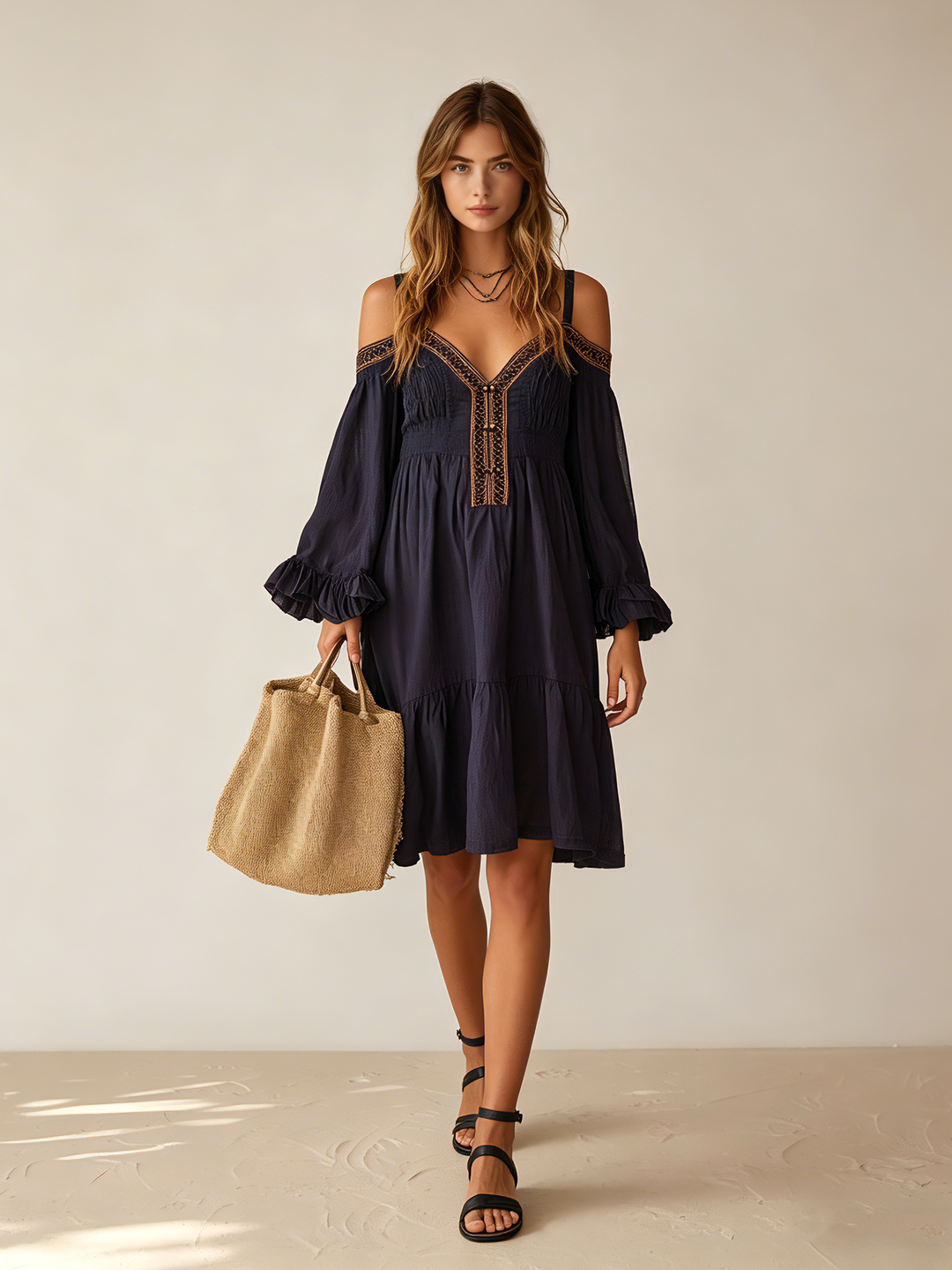 Women's Casual Navy Blue Cotton-Linen Dress — Embroidered, Spaghetti-Strap, Cold-Shoulder, Long-Sleeve Mini Dress MDZ2000D4LXY