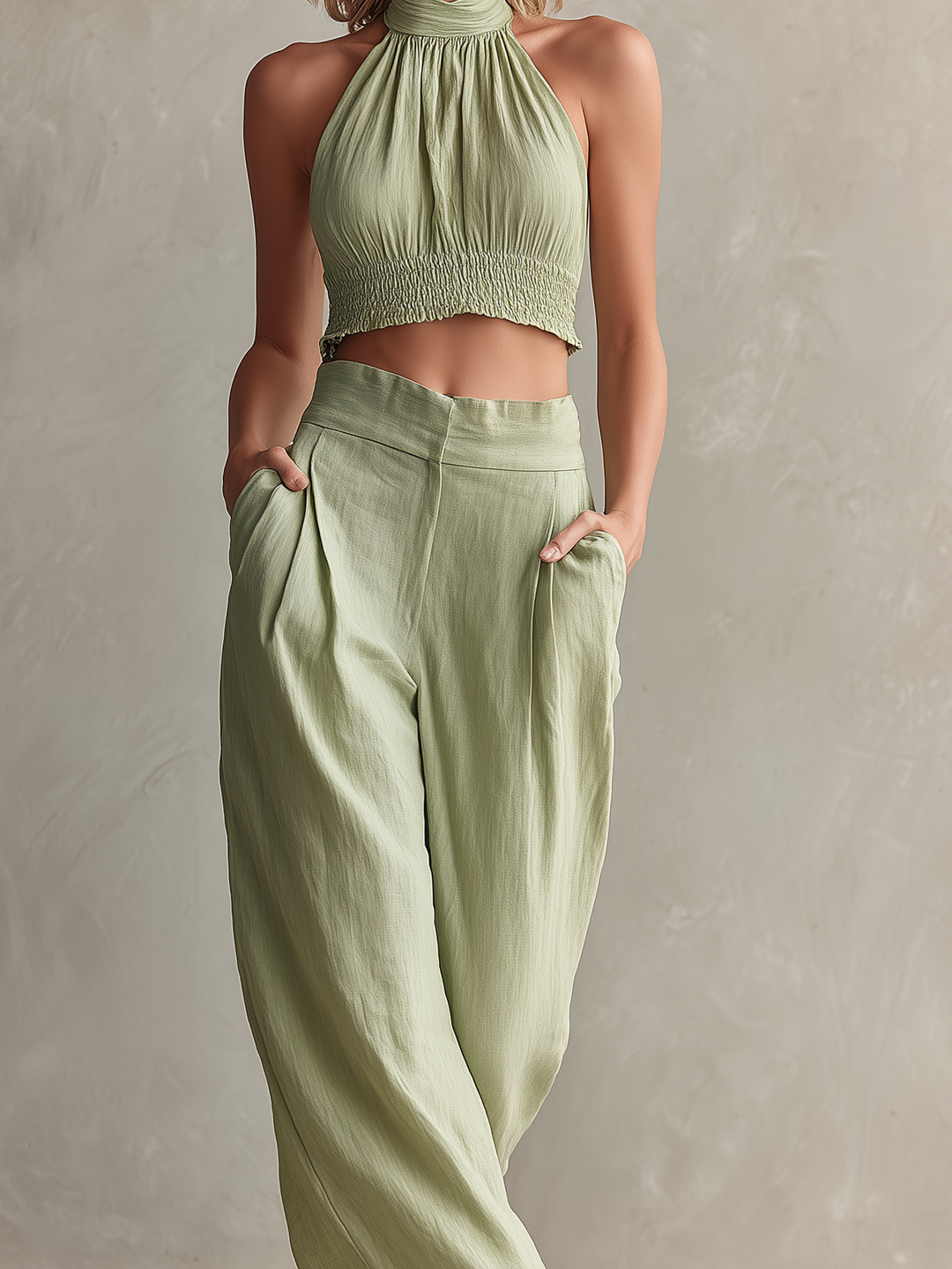 Women's Casual Light Green Cotton-Linen Halter-Neck Sleeveless Top With Trousers MDZ2058D2LXY