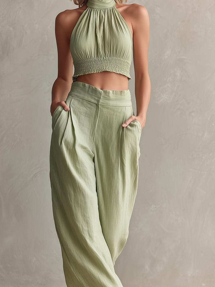 Women's Casual Light Green Cotton-Linen Halter-Neck Sleeveless Top With Trousers MDZ2058D2LXY
