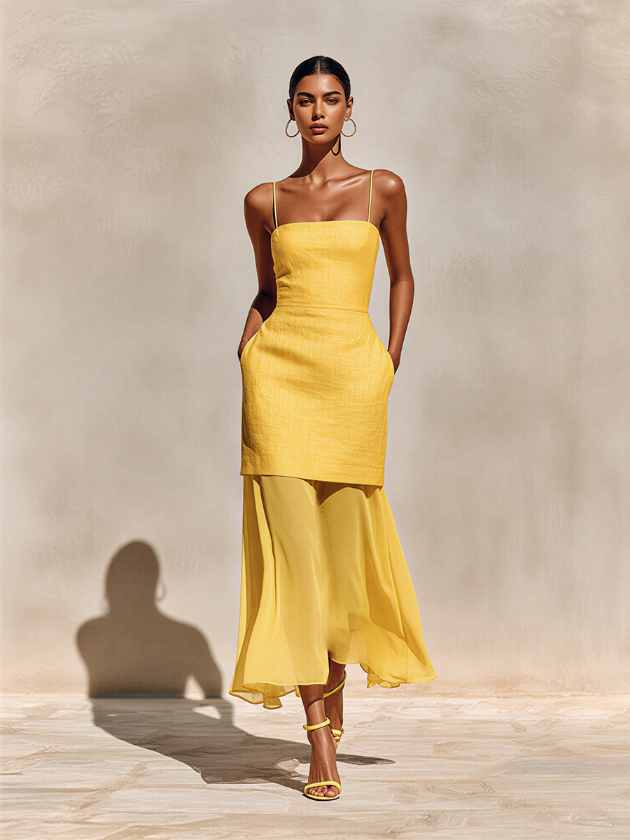 Women's Yellow Spaghetti-Strap Dress With Cotton-Linen Bodice And Chiffon Hem MDZ2022D4T