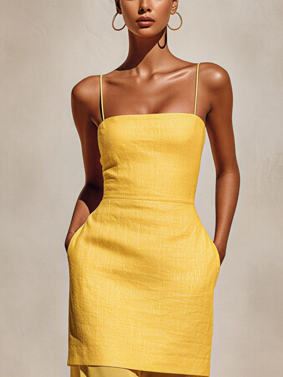 Women's Yellow Spaghetti-Strap Dress With Cotton-Linen Bodice And Chiffon Hem MDZ2022D4T