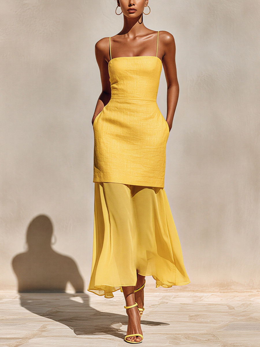 Women's Yellow Spaghetti-Strap Dress With Cotton-Linen Bodice And Chiffon Hem MDZ2022D4T