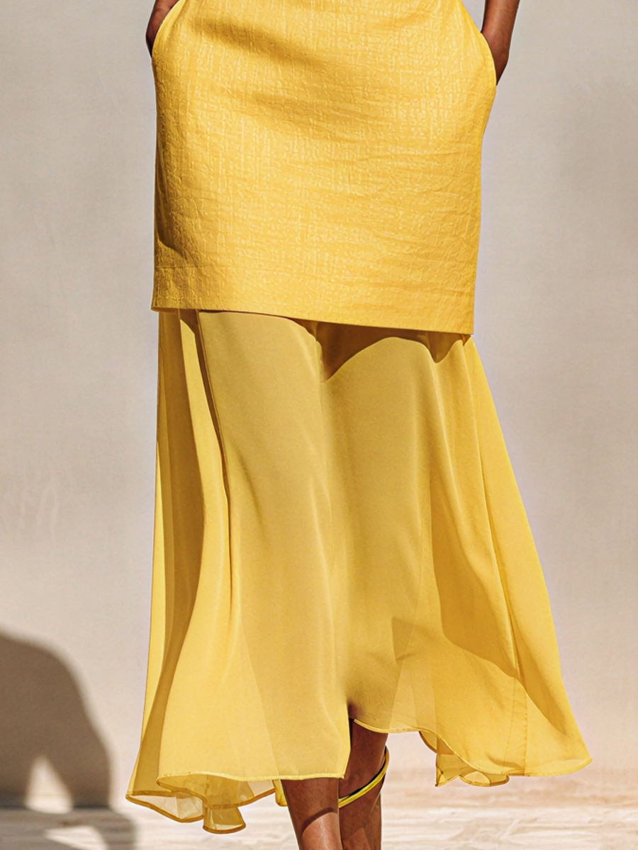 Women's Yellow Spaghetti-Strap Dress With Cotton-Linen Bodice And Chiffon Hem MDZ2022D4T