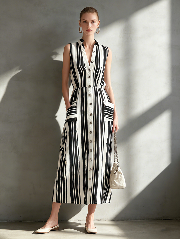 Women's Casual Black And White Striped Woven Sleeveless Maxi Dress With Lapel Collar MDZ2082D2LXY
