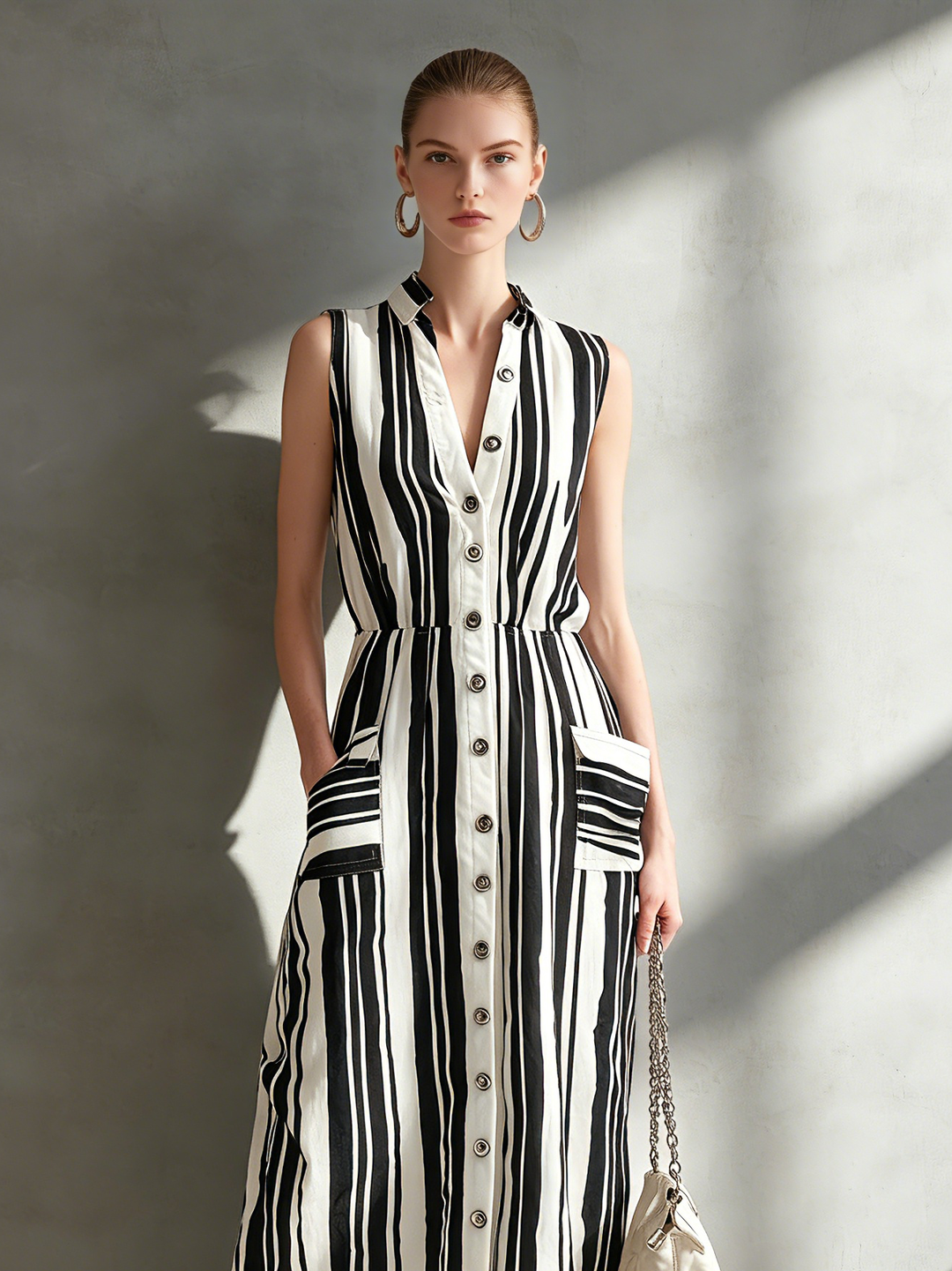 Women's Casual Black And White Striped Woven Sleeveless Maxi Dress With Lapel Collar MDZ2082D2LXY