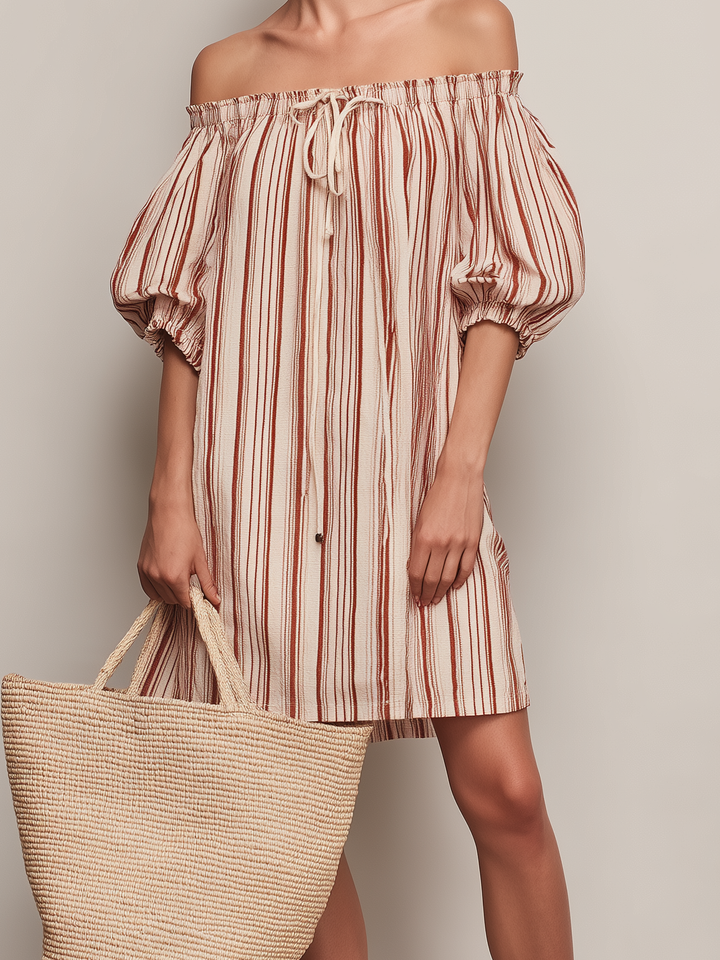 Women's Casual Deep Red & Beige Striped Woven Off-Shoulder Short-Sleeve Mini Dress MDZ2067D4LXY