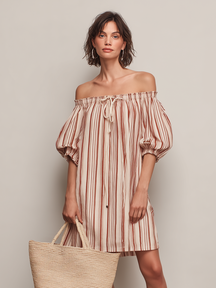 Women's Casual Deep Red & Beige Striped Woven Off-Shoulder Short-Sleeve Mini Dress MDZ2067D4LXY