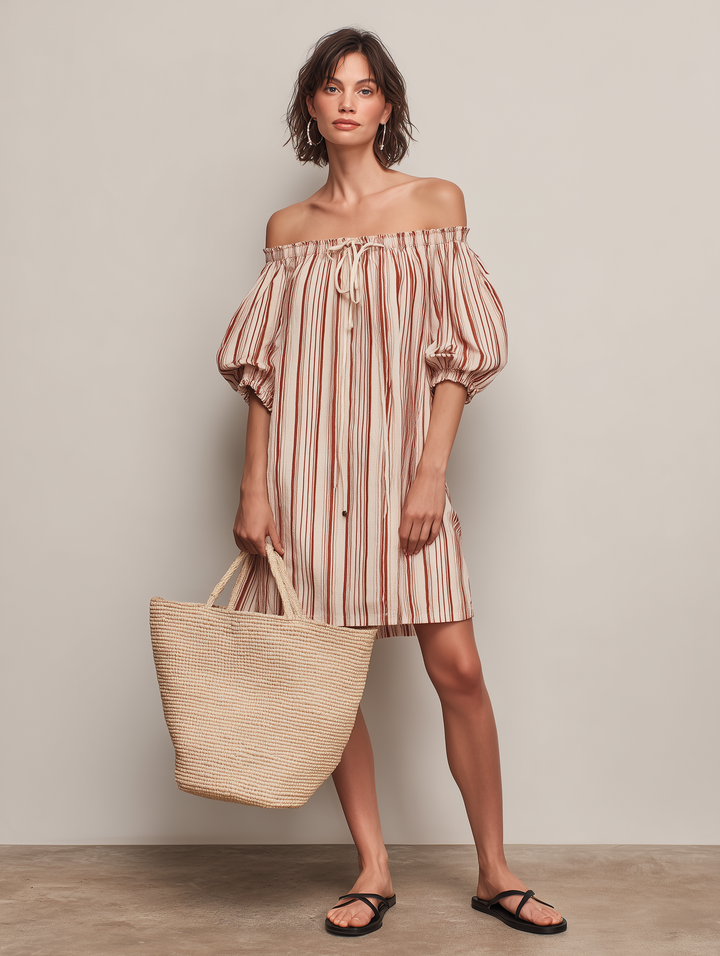 Women's Casual Deep Red & Beige Striped Woven Off-Shoulder Short-Sleeve Mini Dress MDZ2067D4LXY